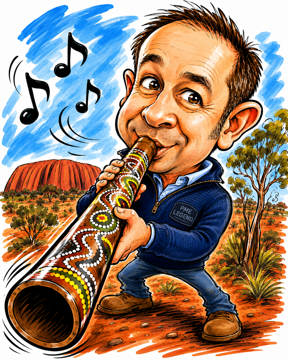 Caricature of a man in a blue jacket playing a brightly painted didgeridoo in an Australian outback scene with orange soil and sparse trees.