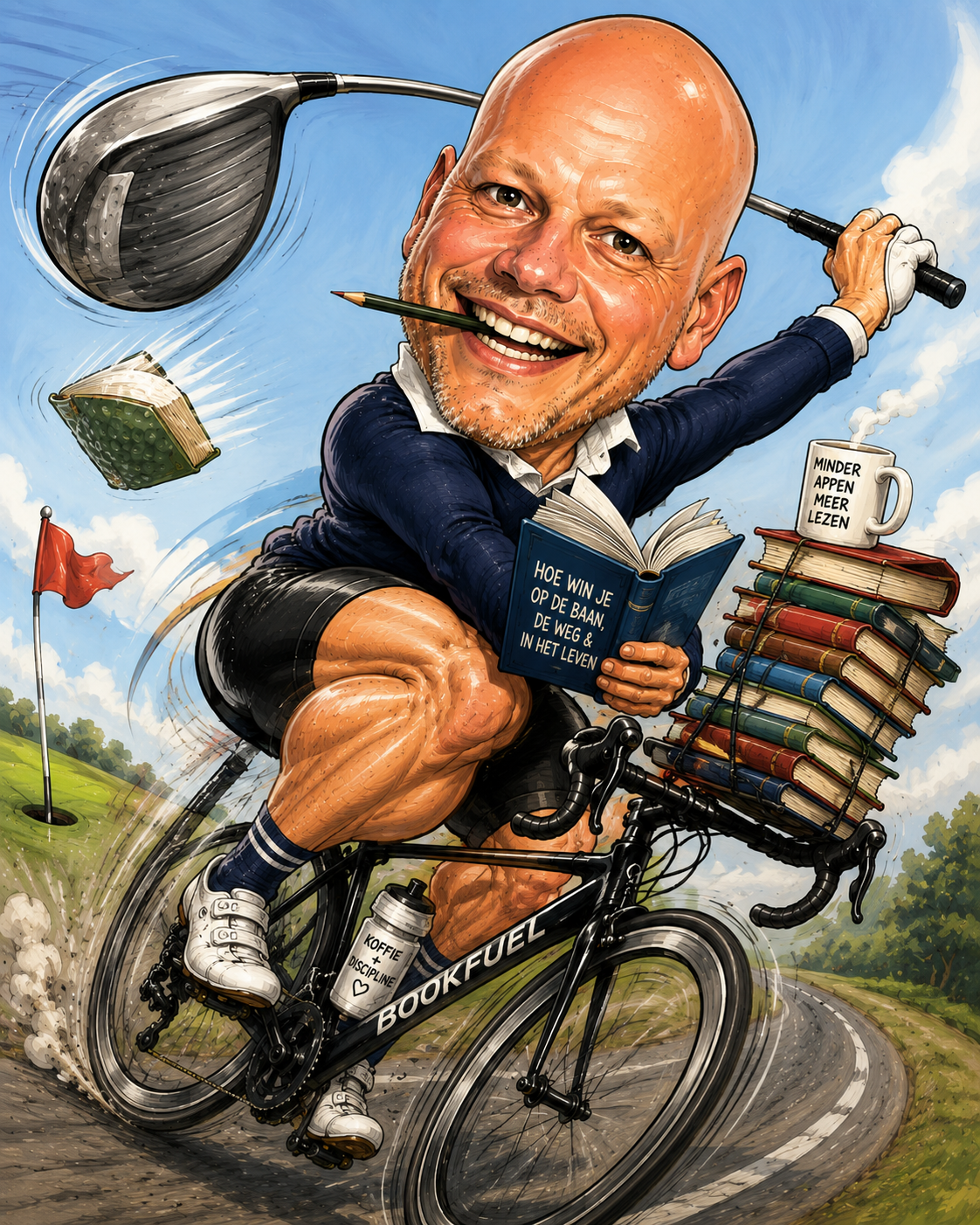 Caricatured bald man riding a bicycle at speed, holding a pencil in his mouth with a stack of books in the front basket and a mug reading 'MINDER APPEN MEER LEZEN' nearby.